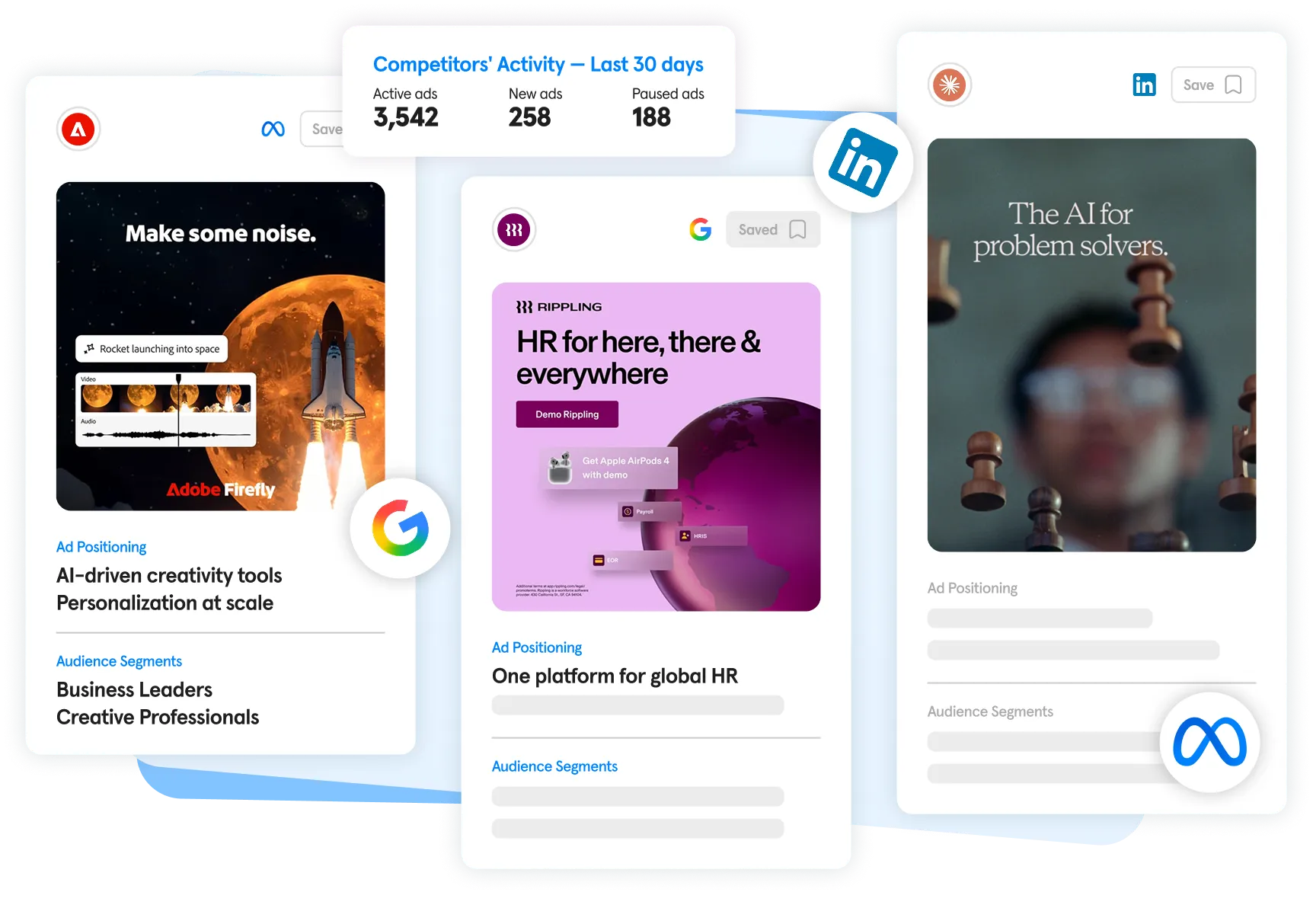 Competitive advertising intelligence dashboard showcasing live competitor ads across Google, Meta, and LinkedIn, including active, new, and paused campaigns with ad previews, audience segments, and positioning insights.