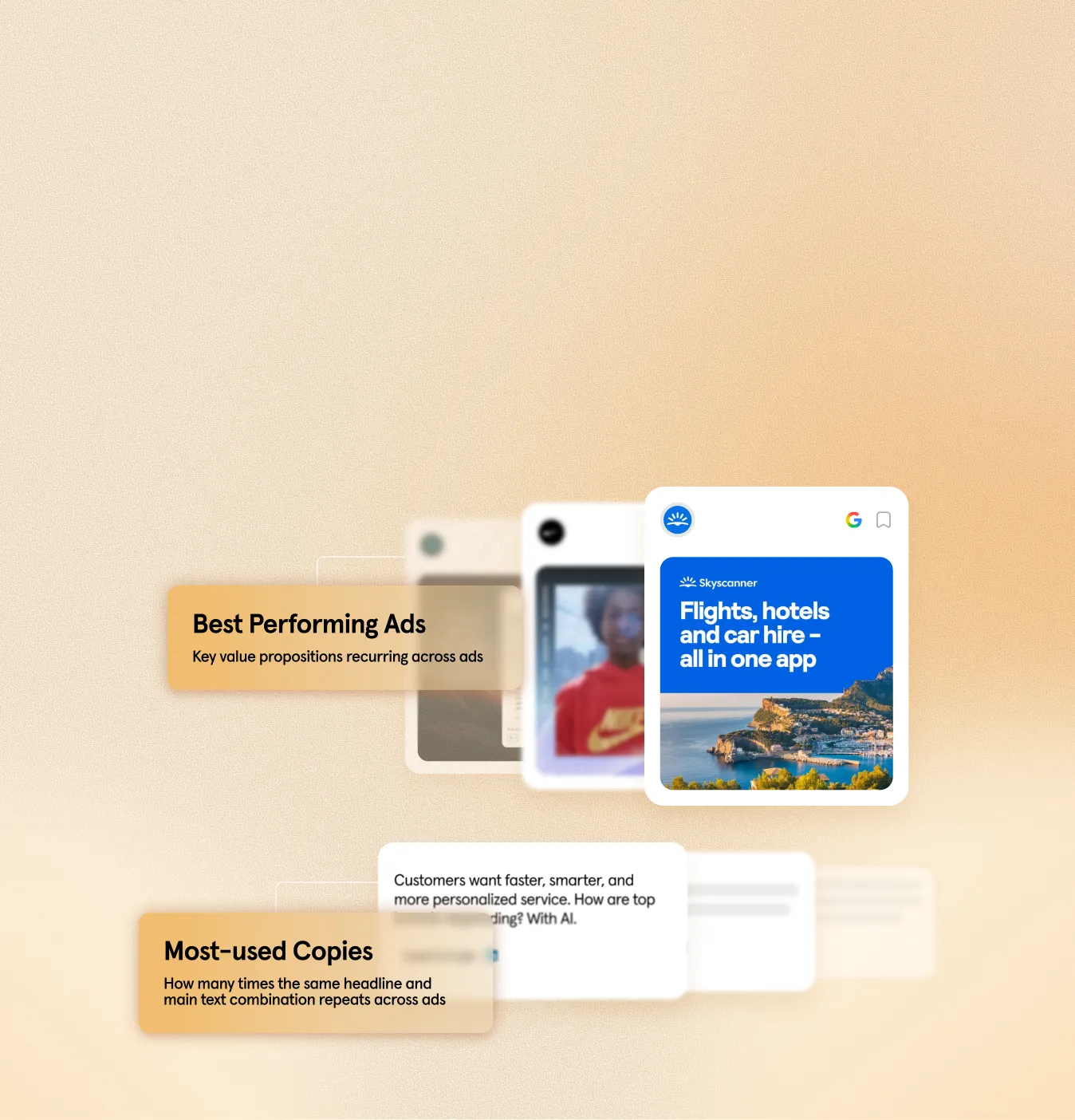 Competitive ad performance analysis highlighting best-performing ads and most-used copy variations, surfacing recurring value propositions, headlines, and messaging themes across winning campaigns.